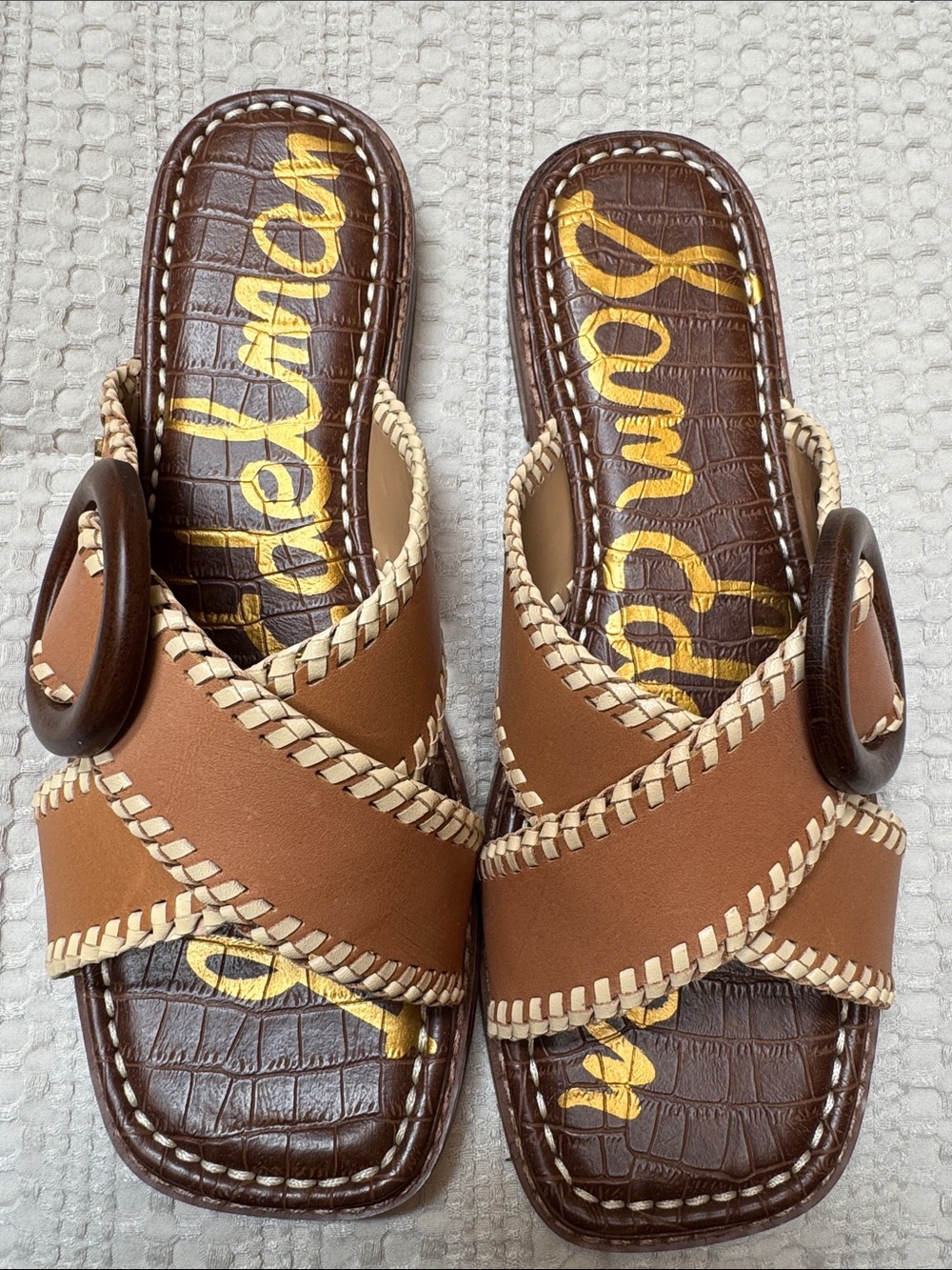 Sam Edelman Tan and Dark Brown Leather Cross-Strap Slide Mules